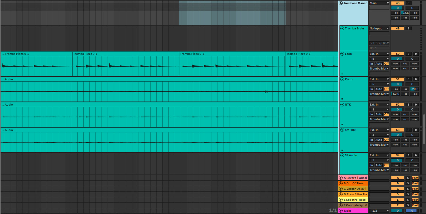 Screenshot of Ableton Live's arrangement view: the Tromba Marina group with the Tromba Brain, Loop, Piezo, NTK and SM-100 tracks, the six return tracks and the main output