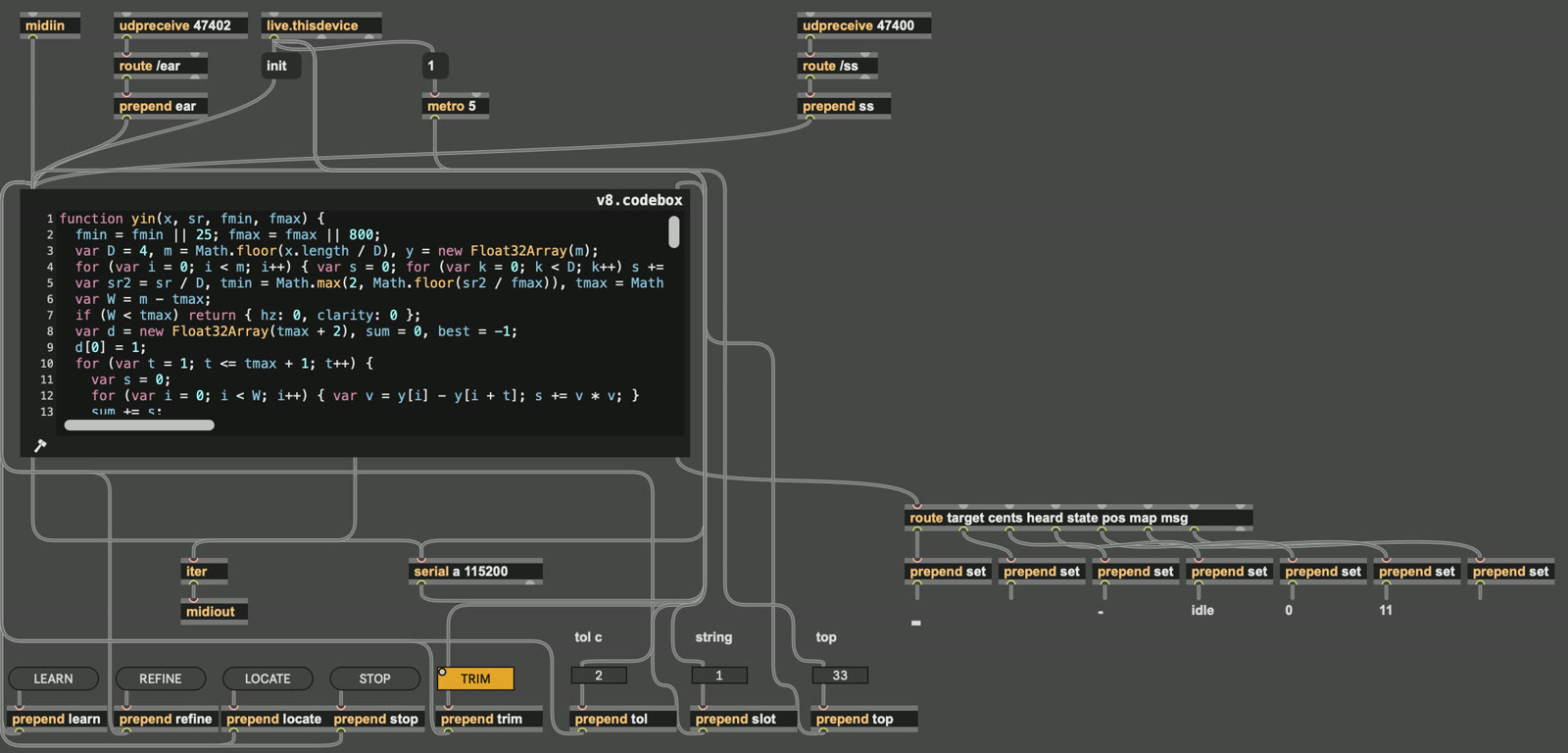 Screenshot of the TrombaBrain patch in the Max editor: a large JavaScript code box in the middle, receive objects for MIDI and network messages at the top, a serial object for the microcontroller, the screen on the right and the buttons and number boxes of the device along the bottom
