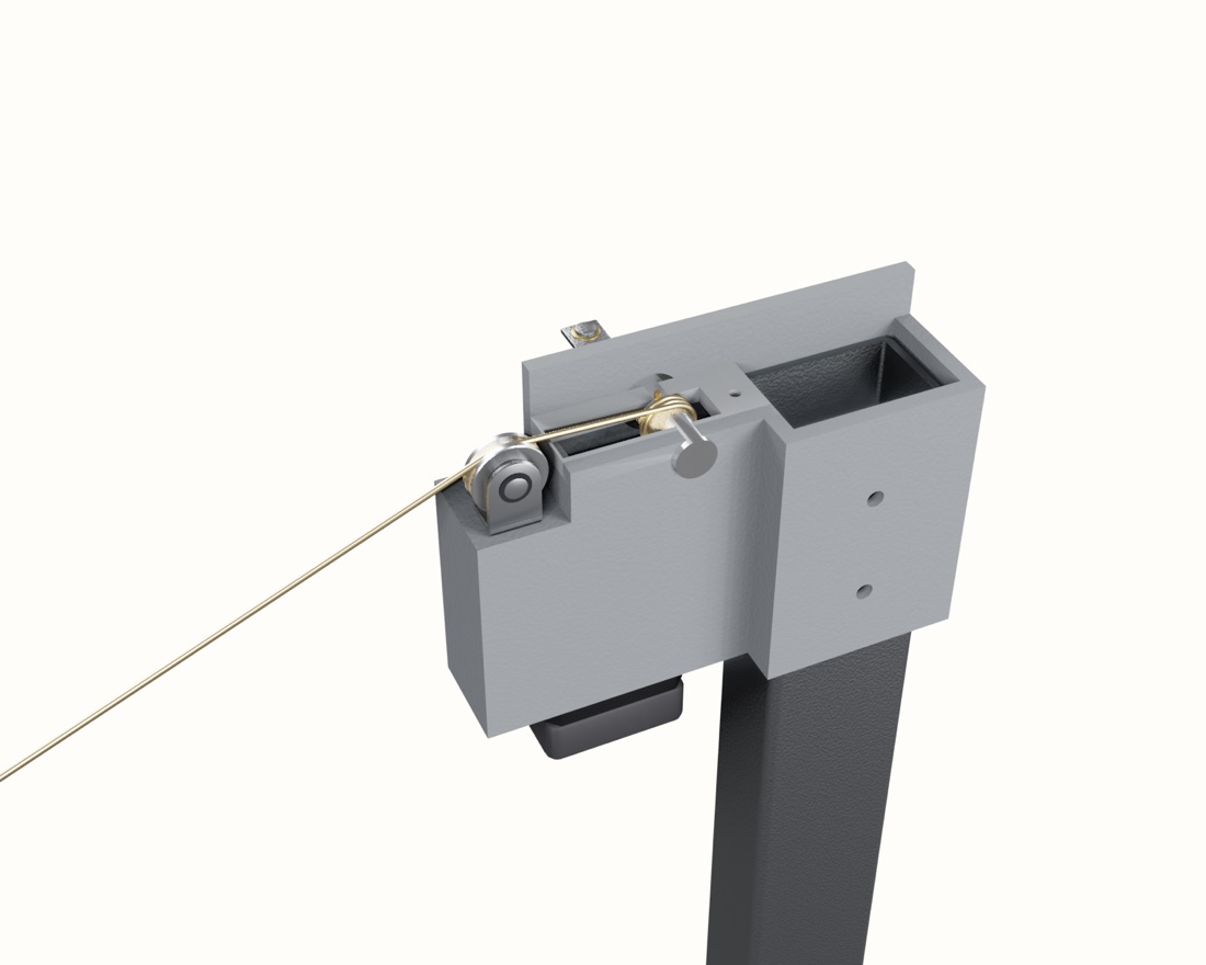 Render of the head box at the top of the steel upright: the string arrives over the roller nut and enters the box