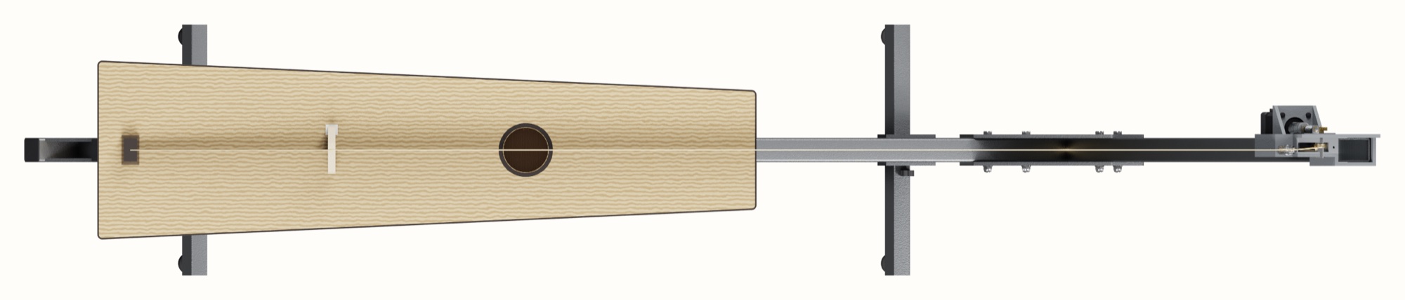 Front view render of the trombone marino, looking onto the soundboard: a long tapering body with a round sound hole, the string running from the bridge to the motor head at the end of the steel frame